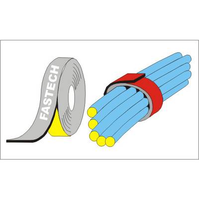 Abbildung von Kabelbinderband mit der Aufschrift 'FASTECH', das mehrere blaue Kabel zusammenhält.