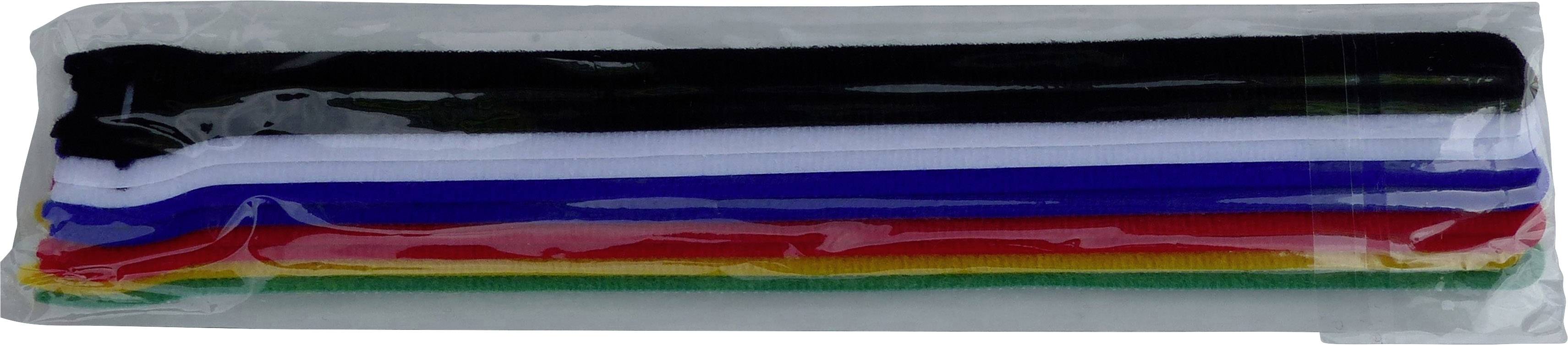 'Klettband in verschiedenen Farben: Schwarz, Weiß, Blau, Rot, Gelb, Grün. In transparentem Beutel verpackt.'