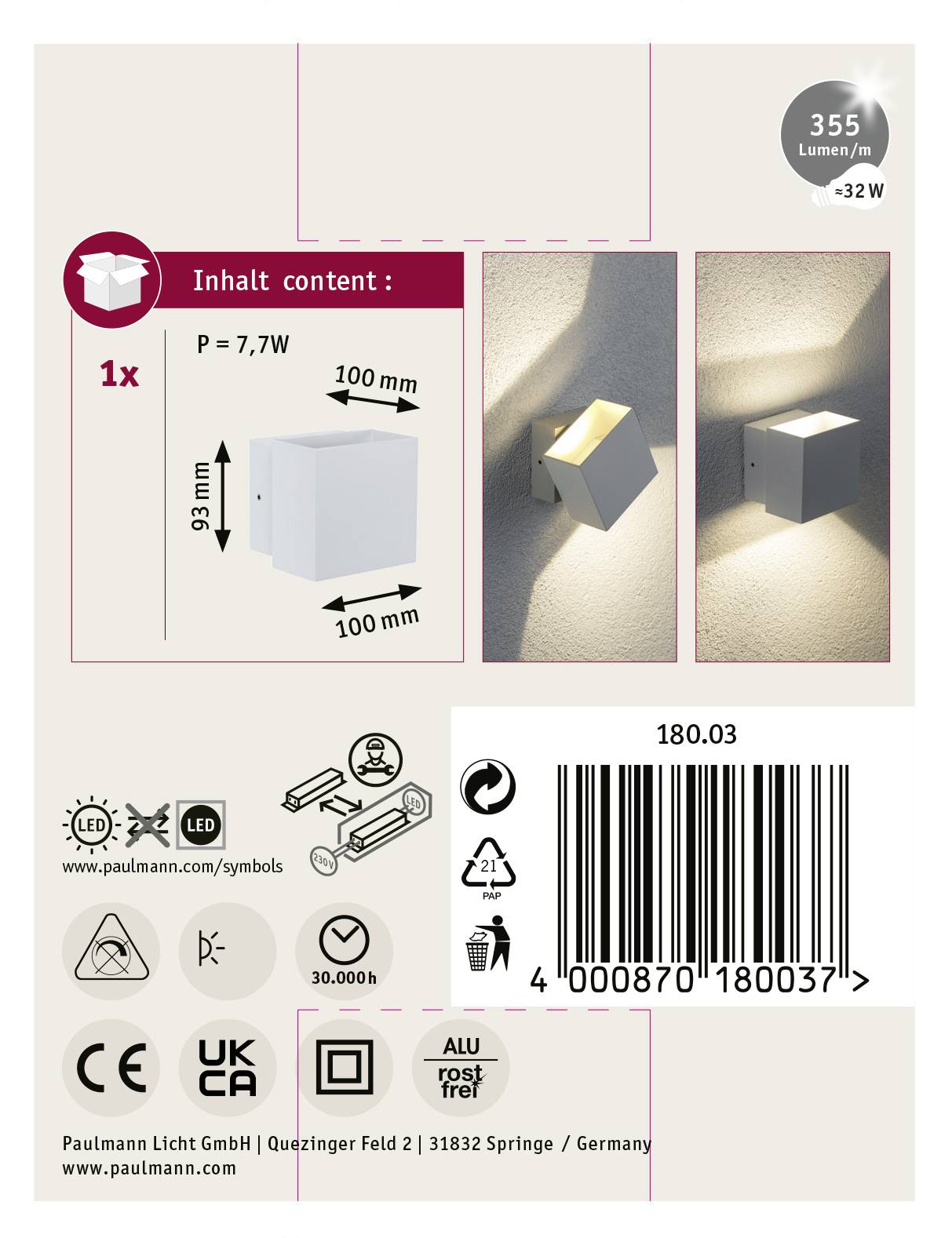 'Inhalt: 1x Wandleuchte, 7,7W, 355 Lumen, 100mm x 100mm x 100mm. IP20, nicht rostfrei. Symbolik für Langlebigkeit: 30.000h.'
