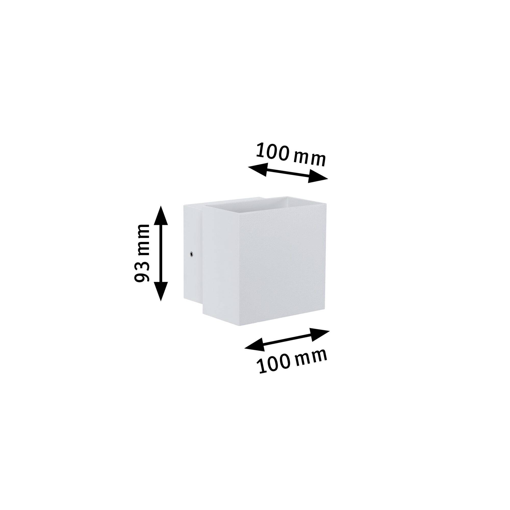 'Quadratische weiße Wandhalterung mit den Maßen 100 mm x 93 mm x 100 mm, mit Pfeilen zur Dimensionierung.'