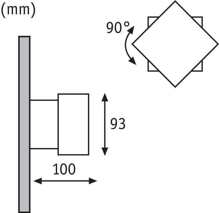 Diagramm eines zylindrischen Objekts, das an einer Oberfläche befestigt ist. Abstand zur Oberfläche: 100 mm, Höhe: 93 mm. Drehung des Objekts um 90 Grad dargestellt.