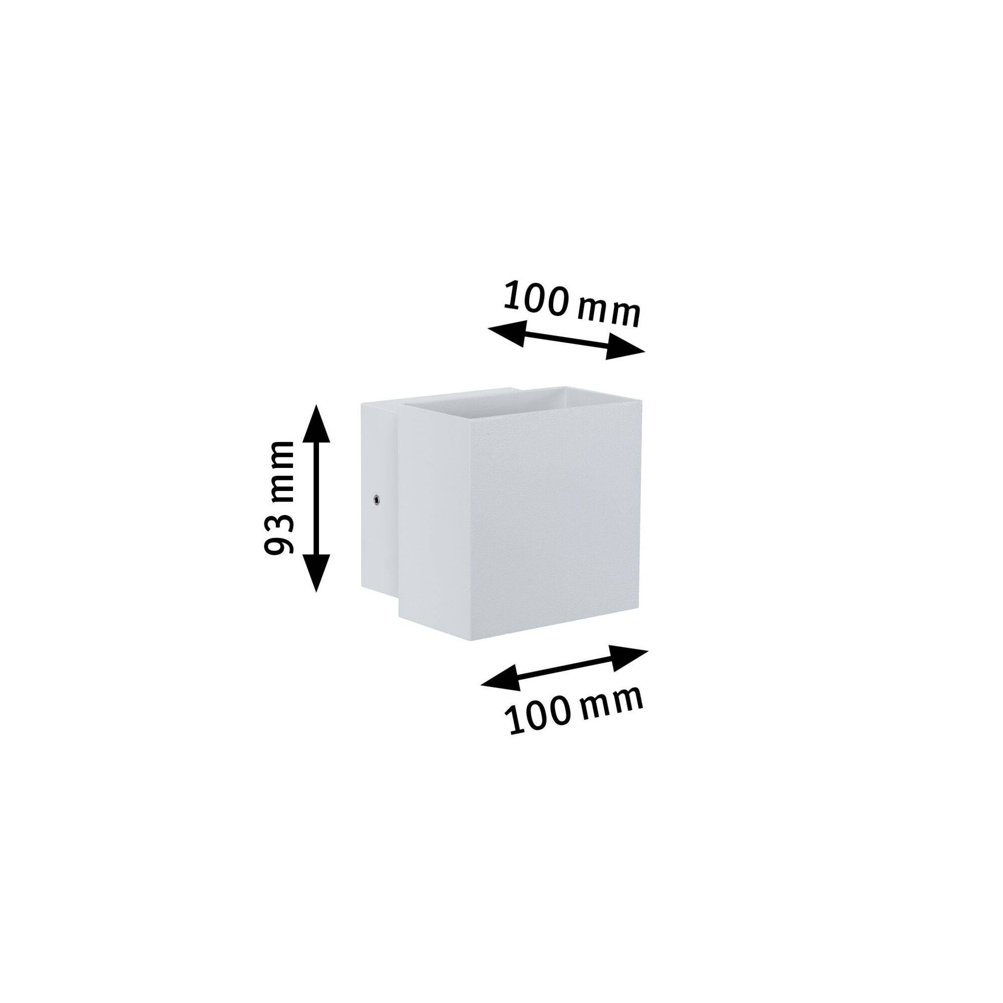 Weiße, quadratische Wandleuchte mit den Maßen 100 mm x 100 mm x 93 mm, für die Innenausstattung geeignet.