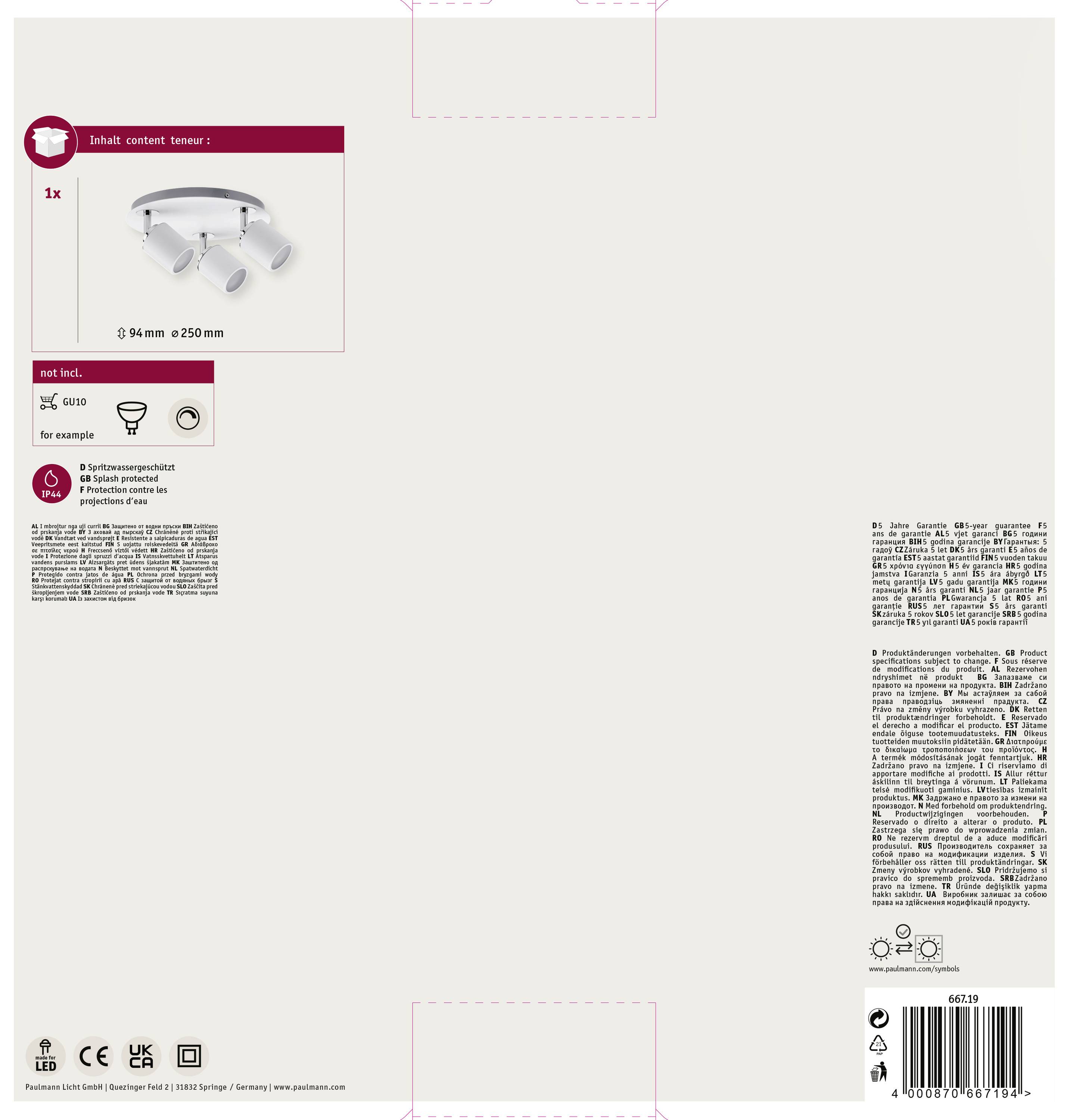 Verpackungsrückseite mit Bild einer LED-Deckenleuchte und Text 'Inhalt: 1x'. Enthält Montageanweisungen und Sicherheitswarnungen.