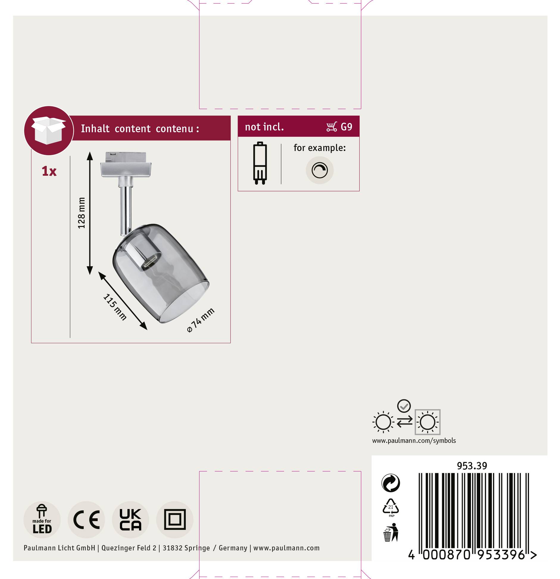 'Produktverpackung für eine einzelne silberne Deckenleuchte. Enthält Maße: 128 mm x Ø 74 mm. Keine Glühbirne enthalten. Symbole für Energieeffizienz.'