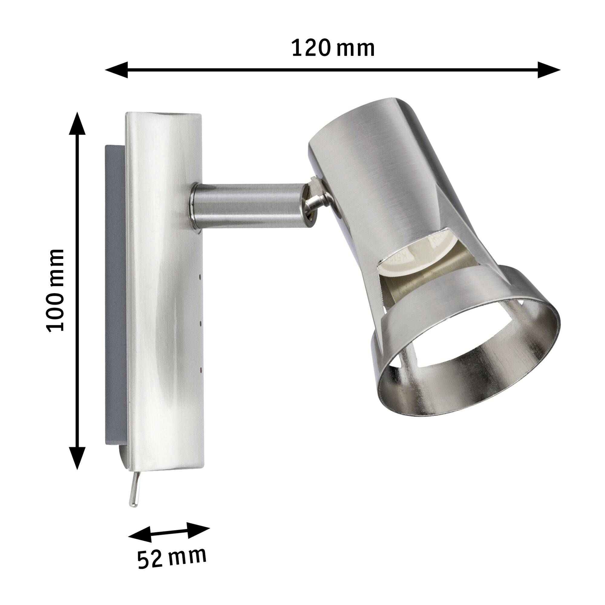 Eine Edelstahlwandleuchte mit den Maßen: Höhe 100 mm, Breite 52 mm, Länge 120 mm. Sie zeigt eine moderne, funktionale Gestaltung.