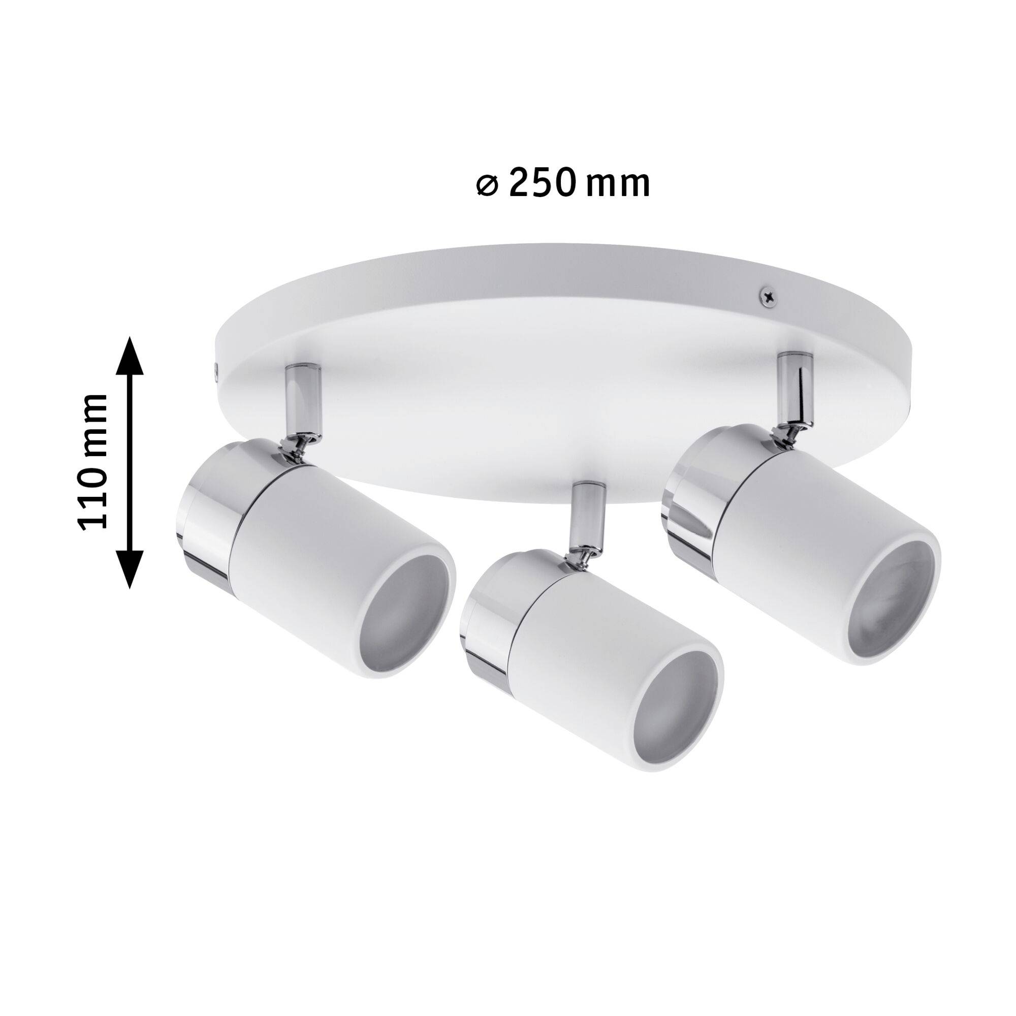 Deckenleuchte mit drei verstellbaren, zylinderförmigen Strahlern. Maße: Ø 250 mm, Höhe 110 mm. Entwickelt für flexible Beleuchtung.