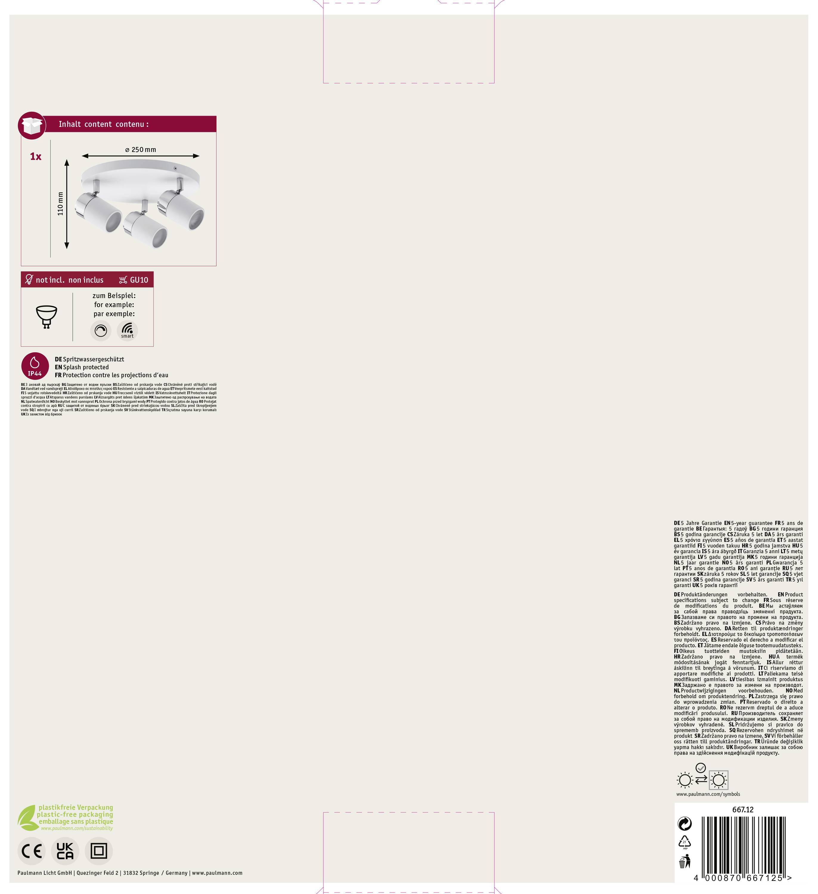 Rückseite einer Verpackung mit Abbildungen eines Entlüftungssets, Symbolen für Recycling und CE-Kennzeichnung, sowie Text in verschiedenen Sprachen.