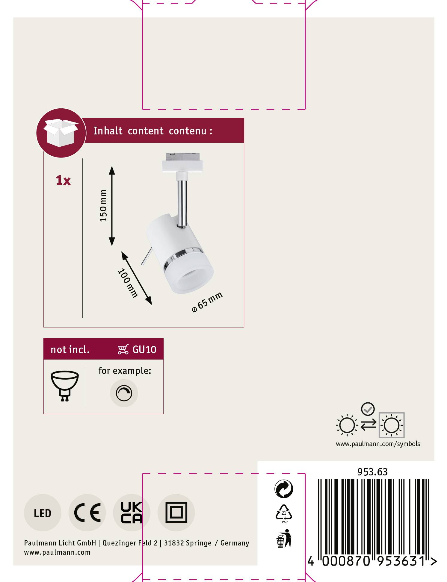 'Inhalt: 1x Lampe, 150mm Höhe, ø 65mm. GU10 nicht inkl. Beispielbild. Symbole: LED, QR-Code, EU-Infos.'