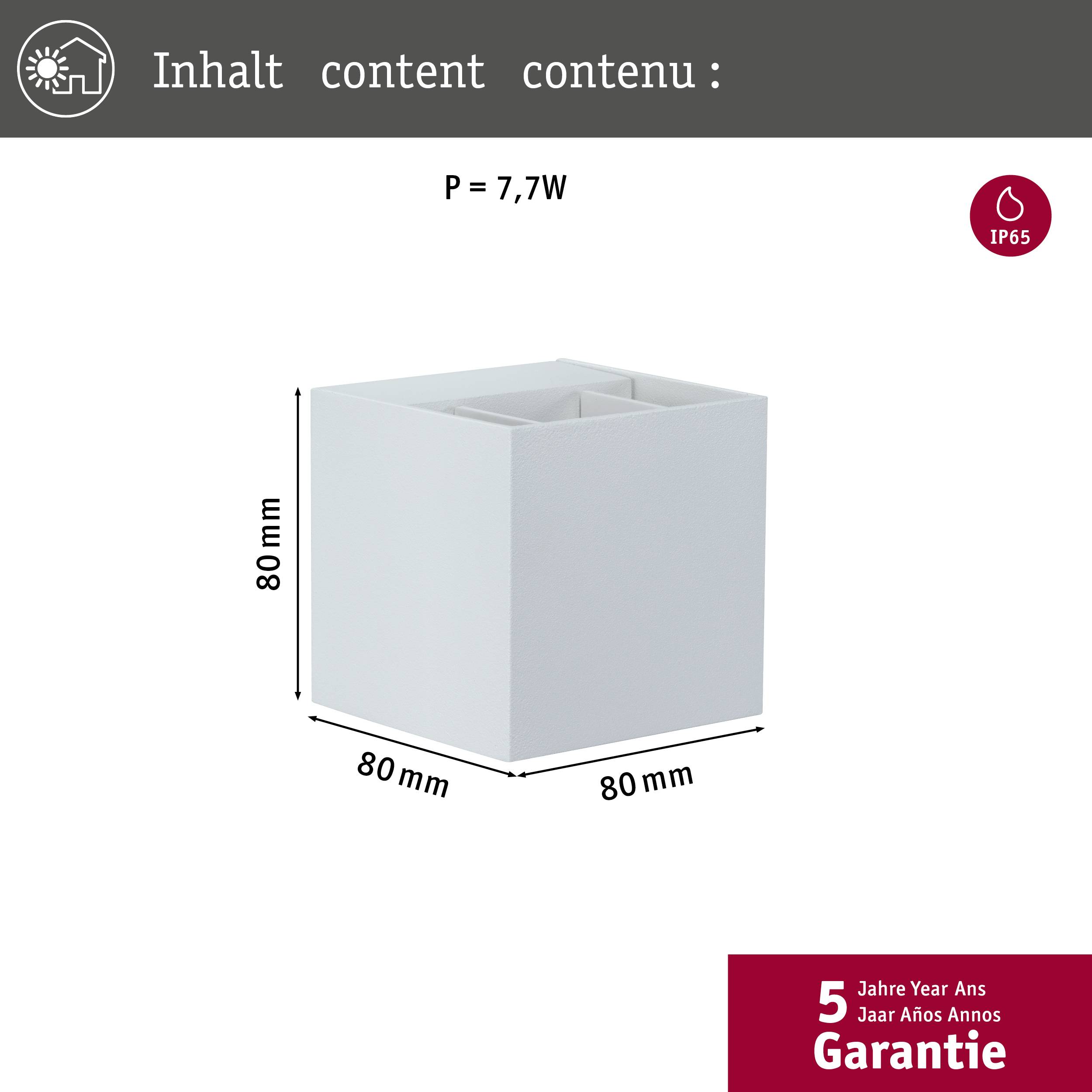 Weiße, würfelförmige Lampe mit den Maßen 80 mm x 80 mm x 80 mm, Leistung 7,7W und IP65-Schutz. 5 Jahre Garantie.