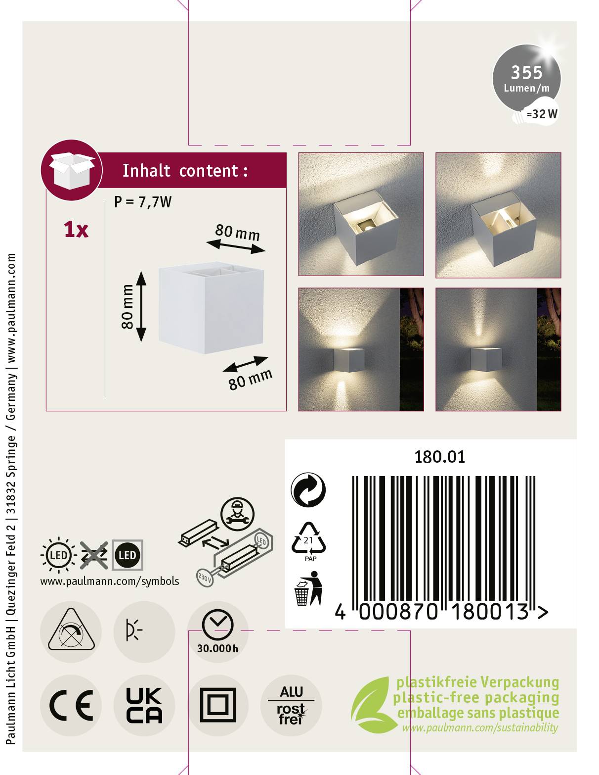 'Verpackung einer LED-Wandleuchte mit 355 Lumen, 7,7W. Fotos zeigen die Leuchte montiert an der Wand, mit warmem Lichteffekt.'