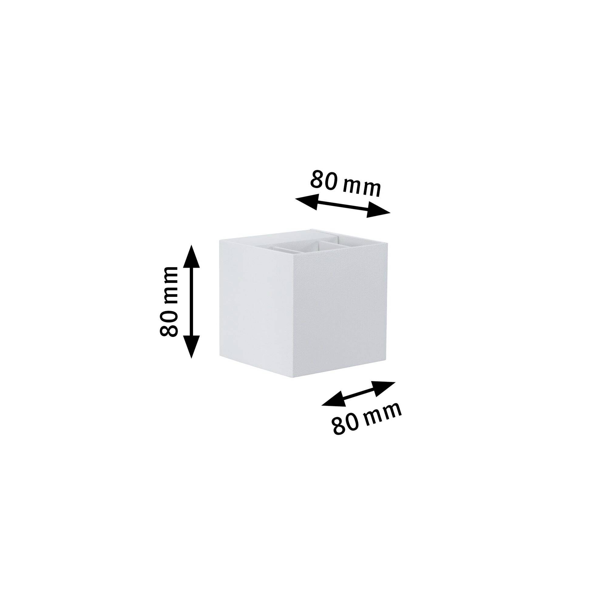Weiße, quadratische Box mit Kantenlängen von 80 mm.