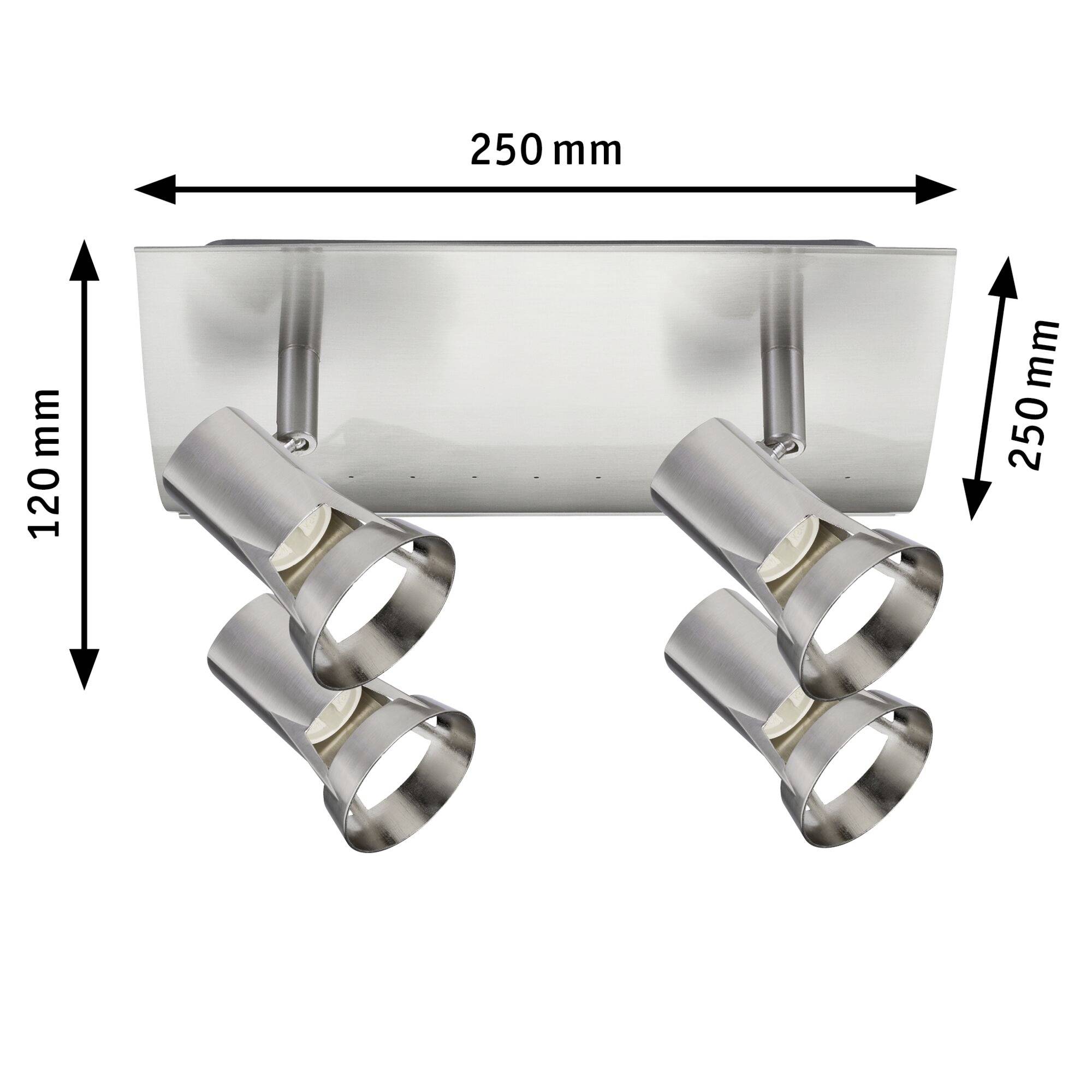 Ein rechteckiger Deckenstrahler aus gebürstetem Nickel mit vier einstellbaren Spots. Maße: 250 mm x 120 mm x 250 mm.