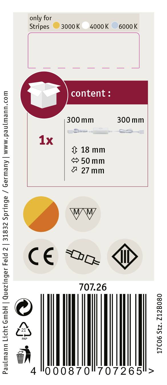 'Nur für Stripes' Box mit Länge 300 mm und Breite 300 mm, beigelegte Schrauben: 18 mm, 50 mm, 27 mm. CE- und RoHS-Symbole. Barcode unten.