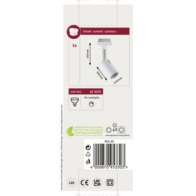 'Verpackung für LED-Leuchte, GU10-Fassung, plastikfrei, Abbildung der Lampe, Angaben auf Deutsch, Englisch und Französisch.'