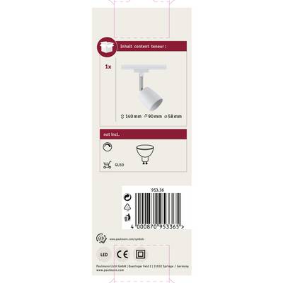 Verpackung eines LED-Aufbaustrahlers mit GU10-Fassung, inklusive Lampenabmessungen: 140 mm, 90 mm, 58 mm. Barcode unten.