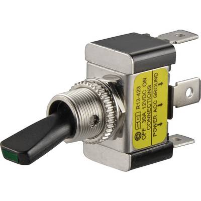 Ein Kippschalter mit Metallgehäuse und schwarzem Hebel, auf dem gelben Aufkleber steht: 'ON 12VDC, POWER, ACC, GROUND'.