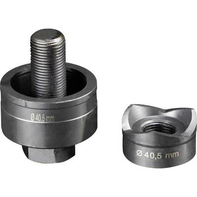 Zwei Metallwerkzeuge zur Lochstanze, bestehend aus einer Schraube und einer passend geformten Matrize, beide mit der Aufschrift 'Ø 40,5 mm'.