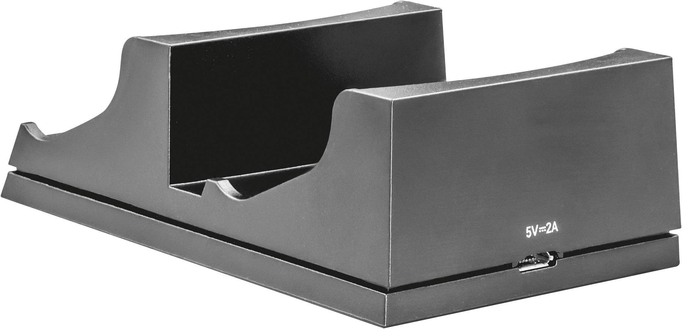 Schwarze Tischladestation für Geräte mit zwei Einsteckplätzen und einer USB-Ladebuchse.