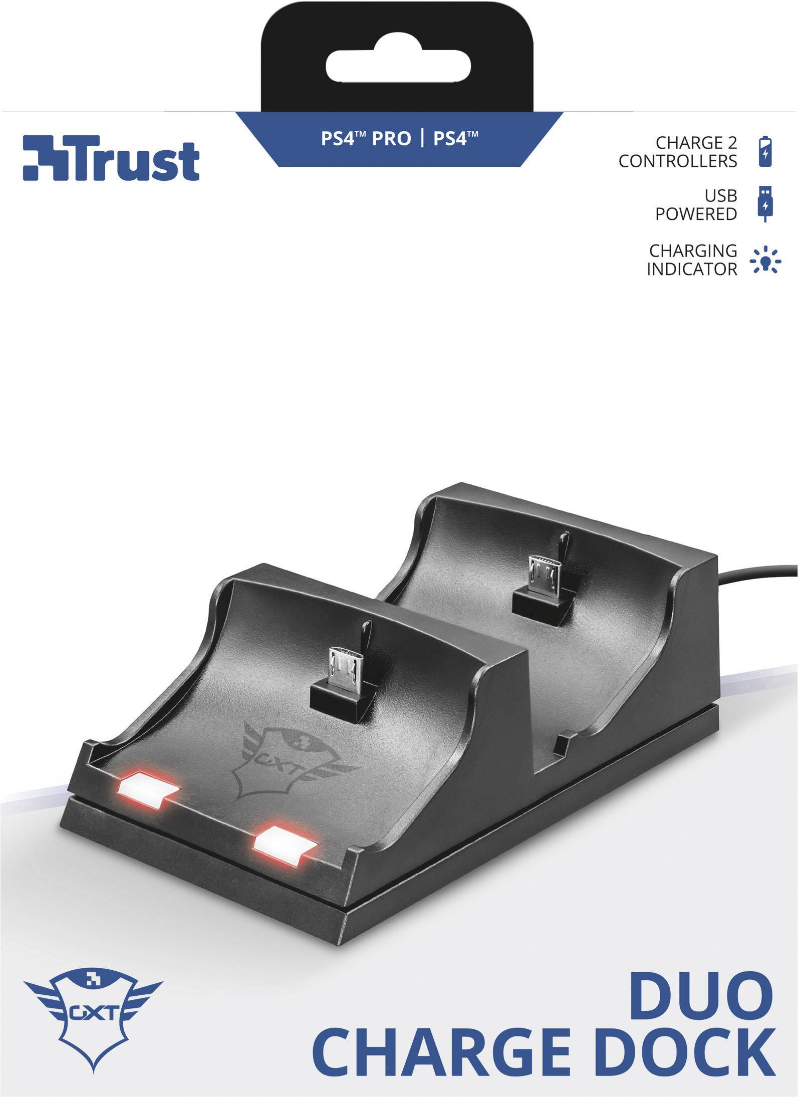 Ladedock für zwei PS4-Controller von Trust. USB-betrieben mit Ladeanzeige. Schwarzes Design mit Platz für unabhängiges Laden.
