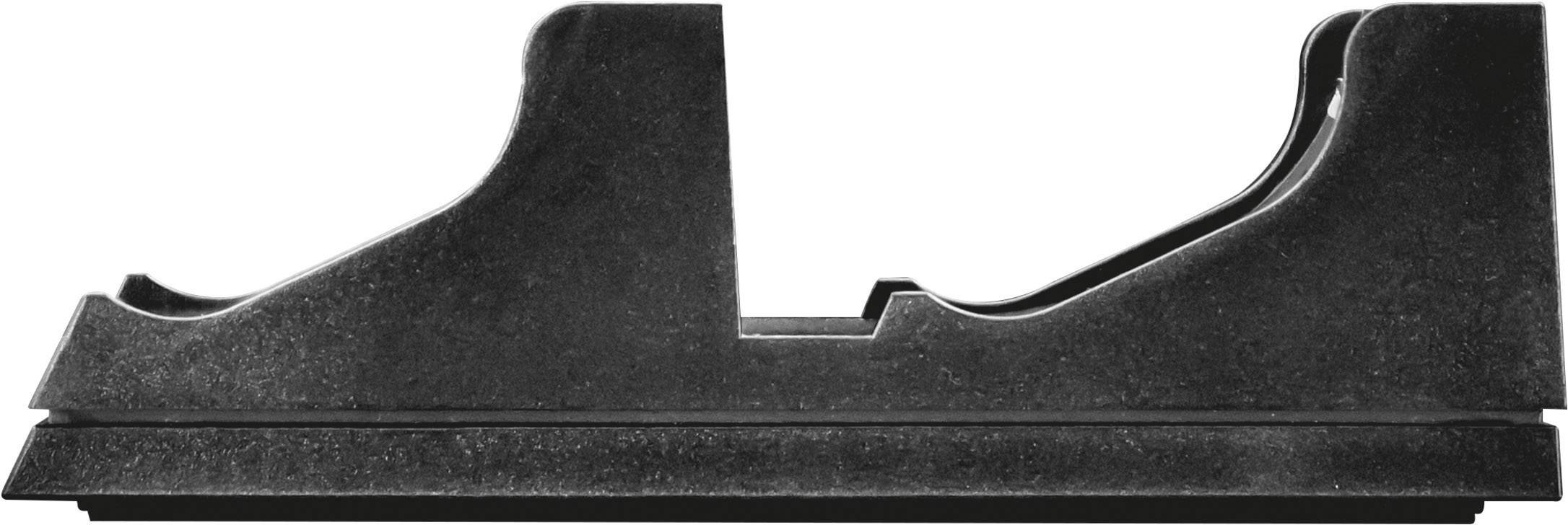 Schwarzer Kunststoffständer mit Halterungen für das sichere Platzieren von Handwerkzeugen oder Geräten.