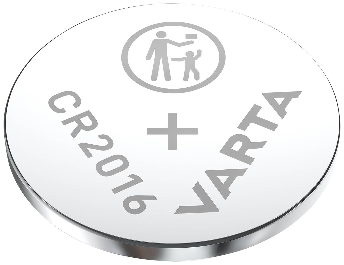 'VARTA CR2016' Knopfzellenbatterie mit Warnsymbol 'Nicht in Reichweite von Kindern'. Silbernes, rundes Design.