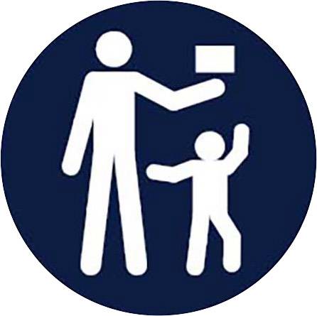 Piktogramm zeigt einen Erwachsenen, der einem Kind etwas übergibt. Symbolisiert Bildung oder Hilfe für Kinder.