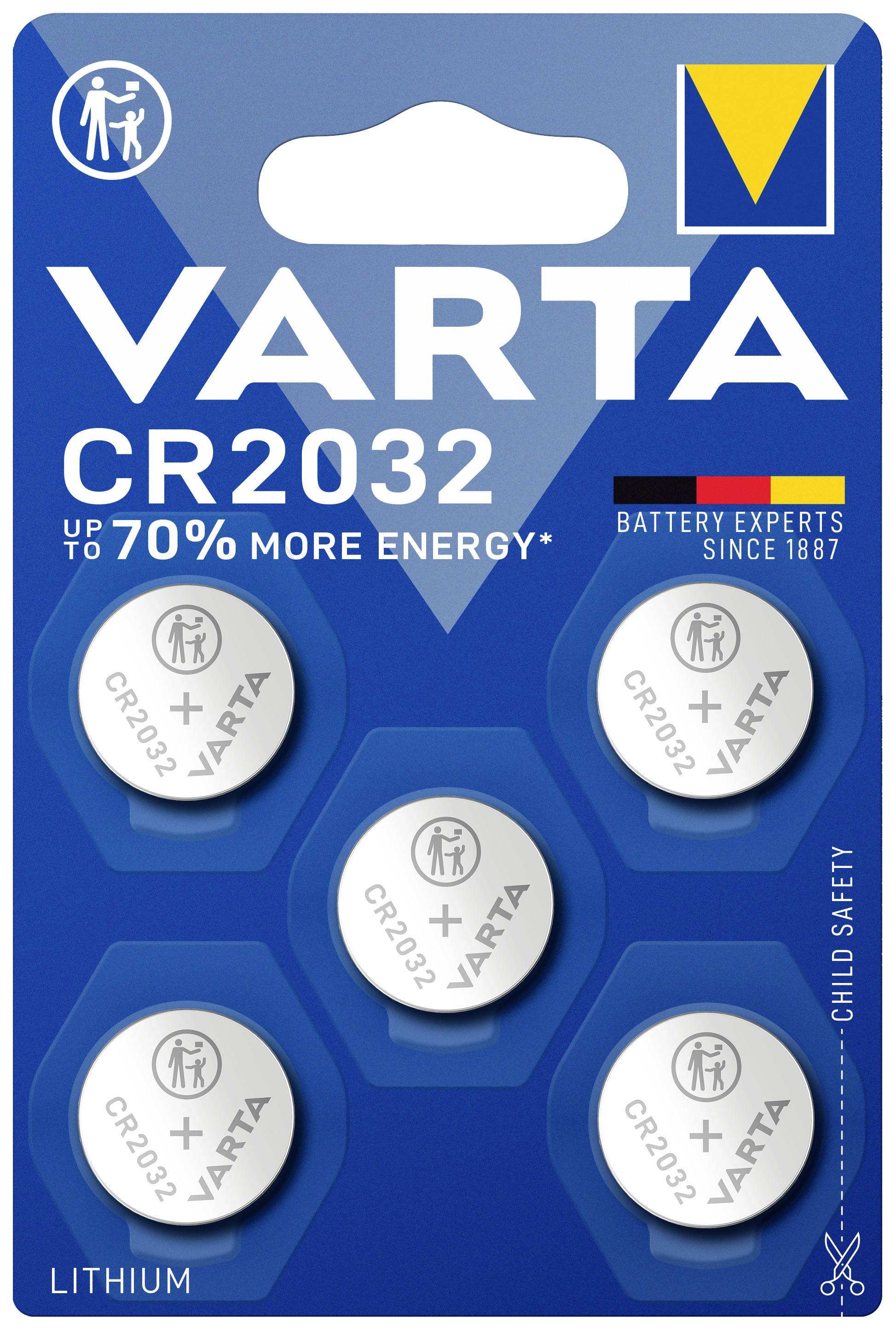 'VARTA CR2032 Batterien Verpackung mit fünf Lithium-Batterien. Hervorgehobene Merkmale: bis zu 70% mehr Energie, Kindersicherheit.'