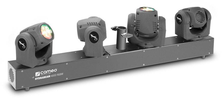 Moving-Head-Lichtsystem mit vier beweglichen Scheinwerfern auf einer schwarzen Basis mit dem Logo 'Cameo'.