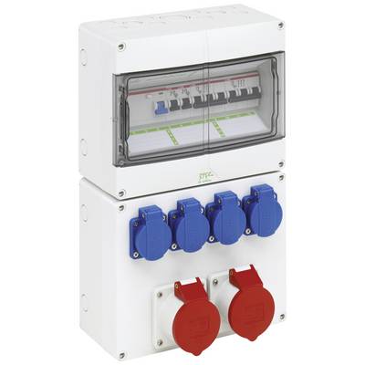 Elektrischer Schaltschrank mit mehreren blauen und roten Steckdosen sowie Schaltern in einem Schutzgehäuse.