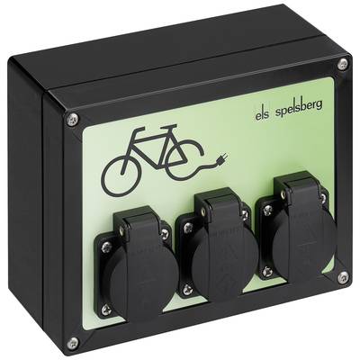 Ladestation mit drei Steckdosen und Fahrrad-Symbol auf grünem Hintergrund, symbolisiert Aufladen von Elektrofahrrädern.