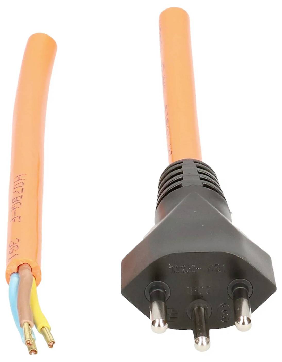 Ein orangefarbenes Elektrokabel mit einem schwarzen dreiphasigen Stecker an einem Ende und freiliegenden Drähten am anderen Ende, die die Farben der Innenverkabelung zeigen.