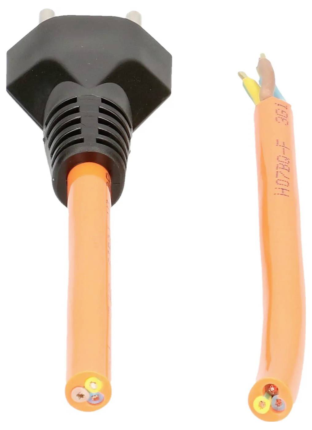 „Ein orangefarbenes elektrisches Netzkabel, an einem Ende mit einem Stecker und am anderen Ende mit freiliegenden Leitungen, die unterschiedliche Kernfarben zeigen."