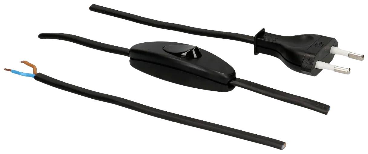Schwarzes Netzkabel mit Schalter und Eurostecker, ein Ende ohne Stecker zeigt blaue und braune offene Drähte.