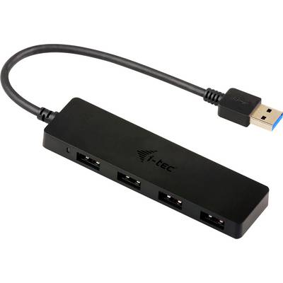 Schwarzer USB-Hub mit vier Anschlüssen und Kabel, mit dem Logo „i-tec".