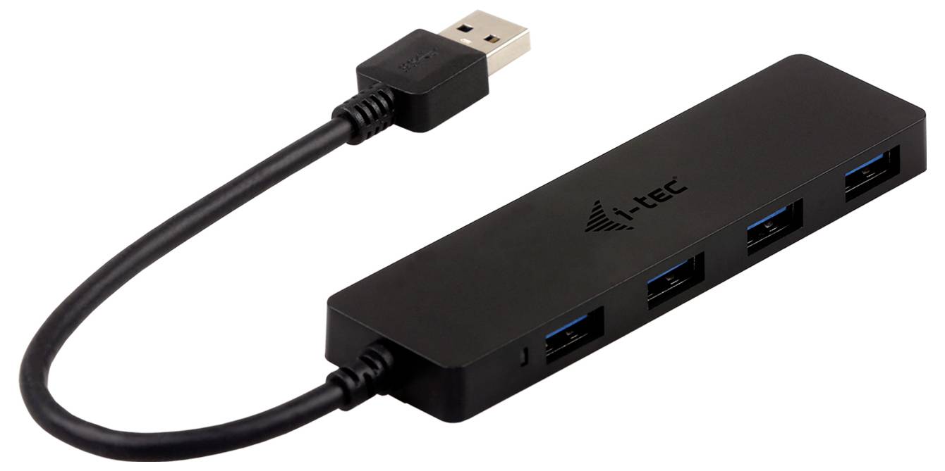 Ein schwarzer USB-Hub mit vier USB-3.0-Anschlüssen und einem Kabel mit USB-Stecker, gekennzeichnet mit i-tec-Branding.