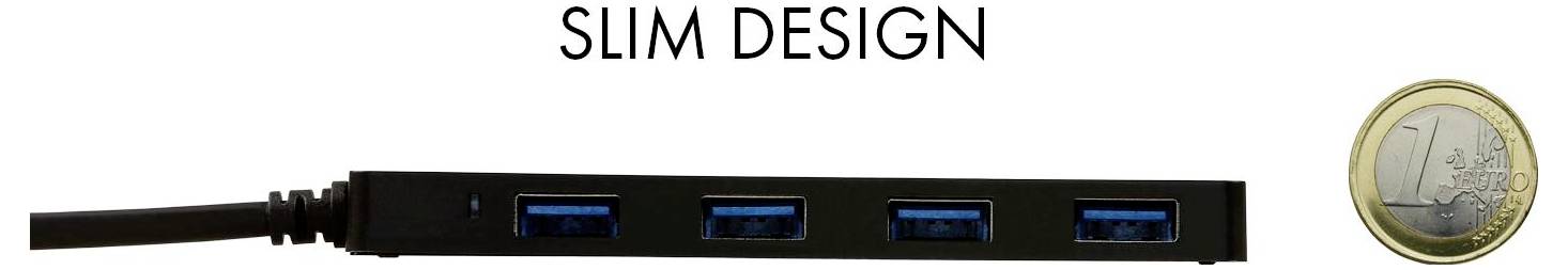 'SCHLANKES DESIGN' Text über einem schlanken, vierporigen USB-Hub neben einer Euro-Münze zum Größenvergleich.