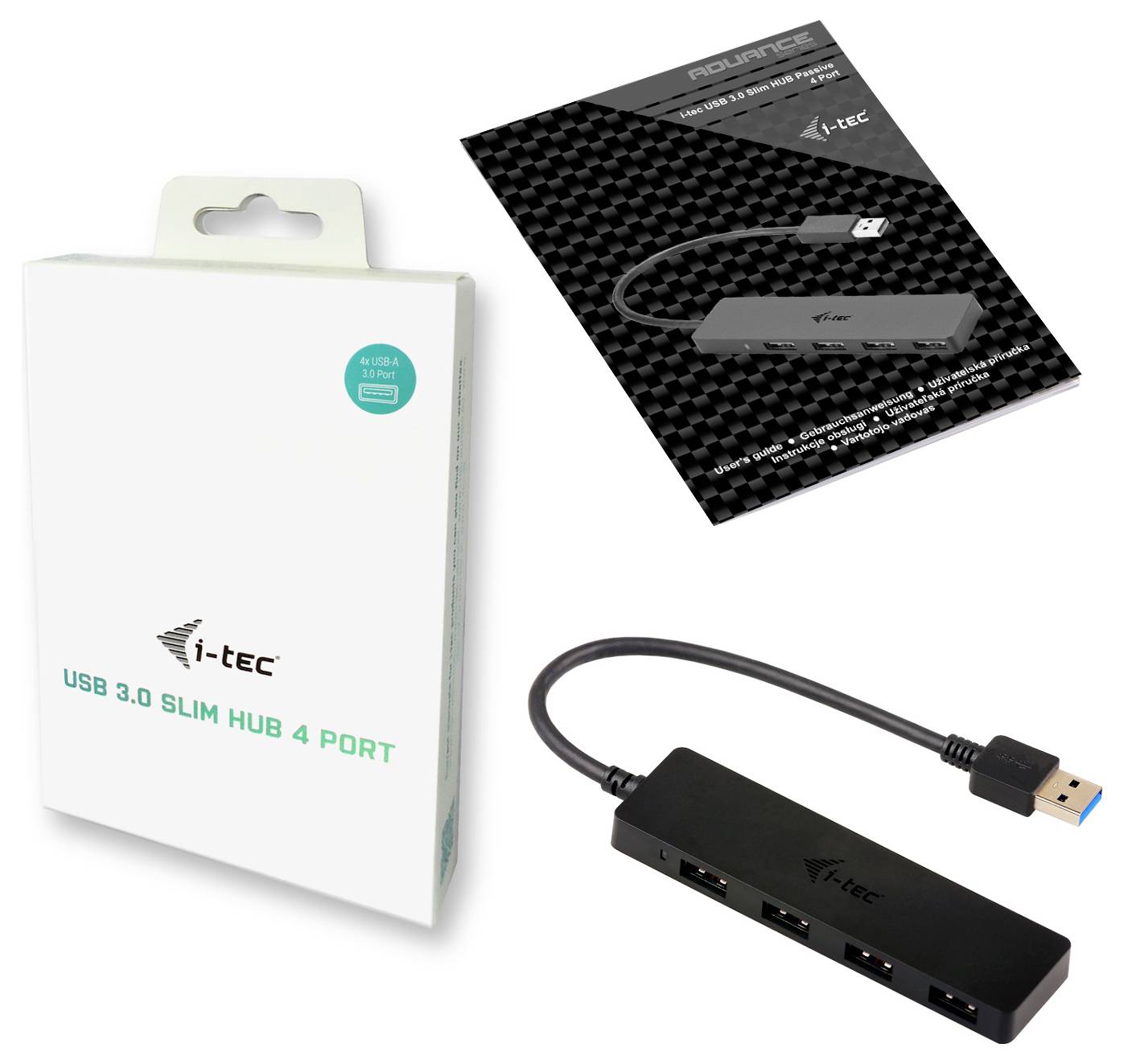 i-tec USB 3.0 Slim Hub 4 Port' Produktverpackung, Broschüre und Gerät mit vier USB-Anschlüssen, das mit einem USB-Kabel verbunden ist.
