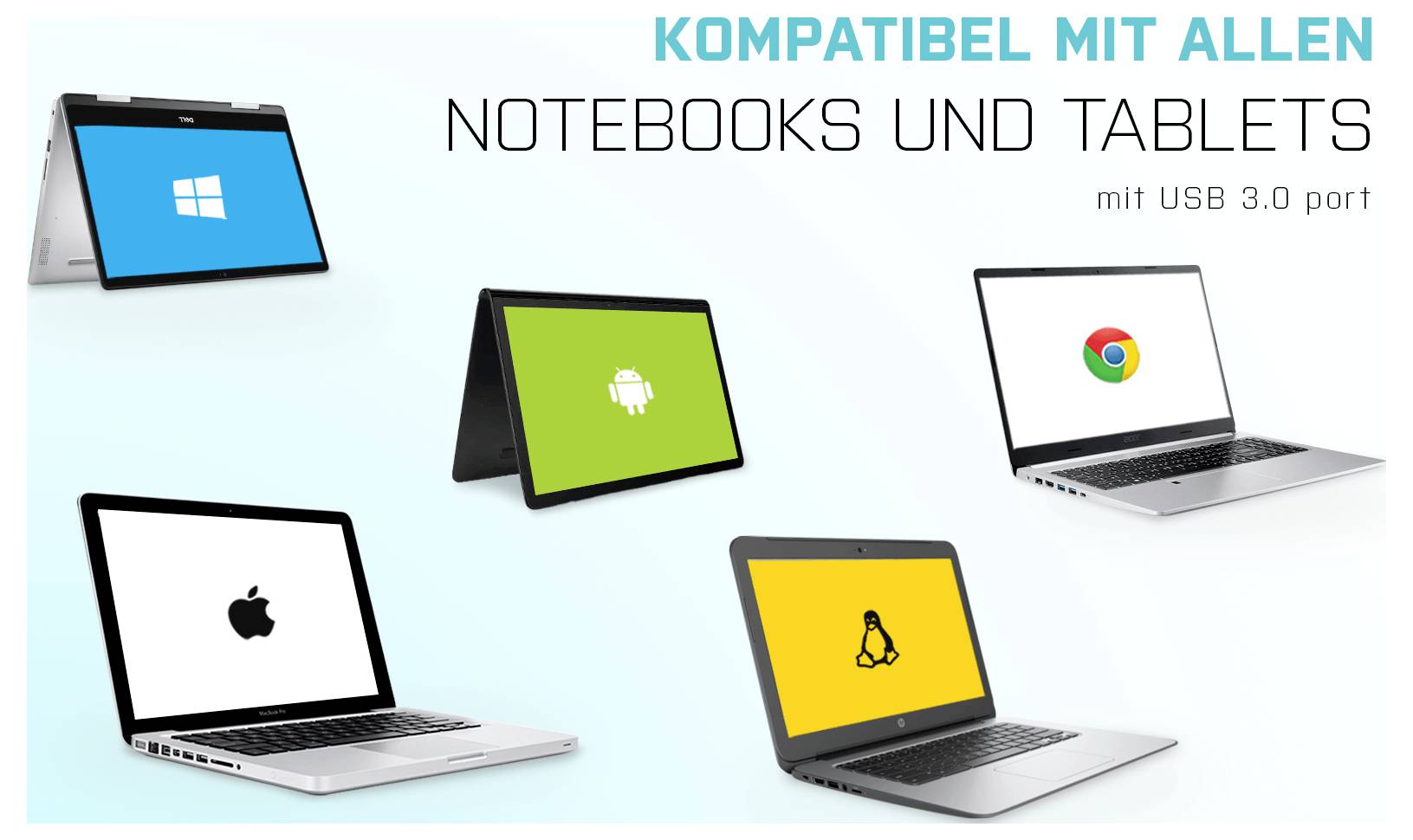 'Kompatibel mit allen Notebooks und Tablets mit USB 3.0 Port' zeigt Geräte mit Windows-, Android-, Chrome OS-, Apple- und Linux-Logos.
