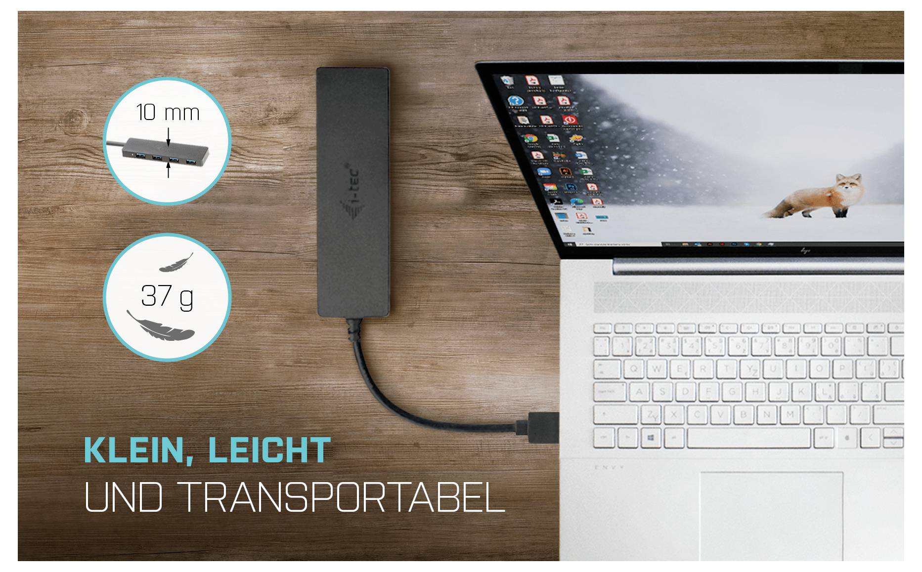 Externe Festplatte, verbunden mit Laptop. Text: 'Klein, leicht und transportabel'. Maße: 10 mm, Gewicht: 37 g. Hintergrund: Holzoptik.