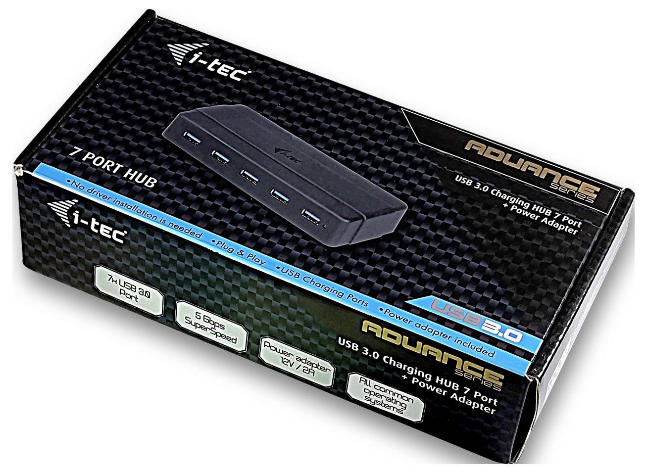 „7-Port USB 3.0 Hub" Verpackung mit einem schwarzen Hub mit sieben Anschlüssen. Wichtigste Merkmale sind aufgeführt: USB 3.0, Plug-and-Play, Stromadapter im Lieferumfang enthalten.