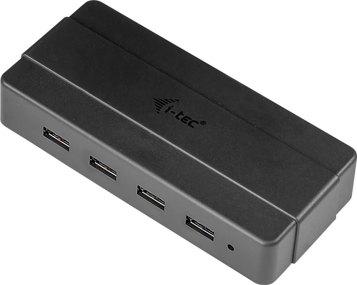 Ein schwarzes elektronisches Gerät mit vier USB-Anschlüssen, auf dem oben die Marke „i-tec" angezeigt wird.