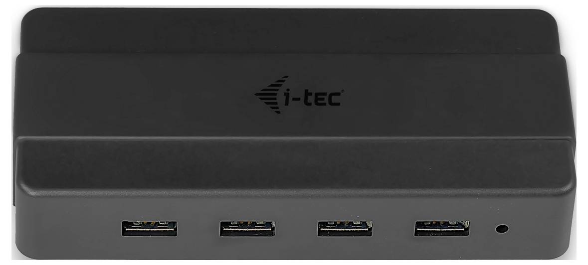 'Schwarzer i-tec USB-Hub mit vier USB-Anschlüssen, Frontansicht.'