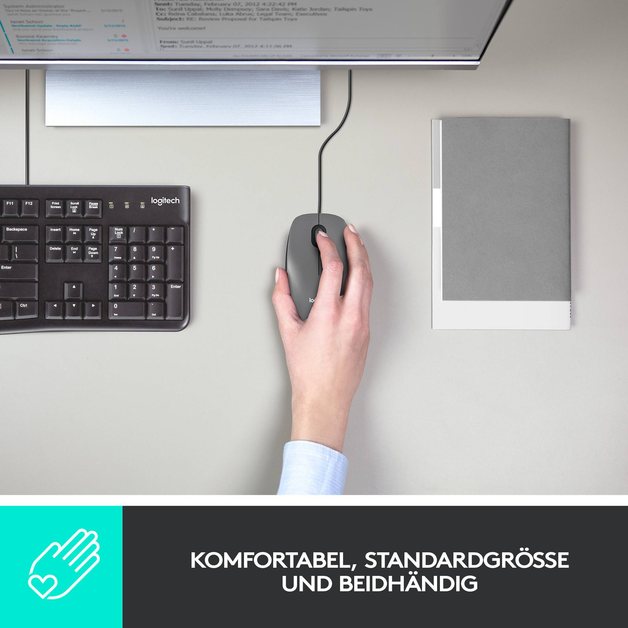 Eine Hand bedient eine Computermaus neben einer Tastatur auf einem Schreibtisch. Darunter steht: 'Komfortabel, Standardgröße und beidhändig'.