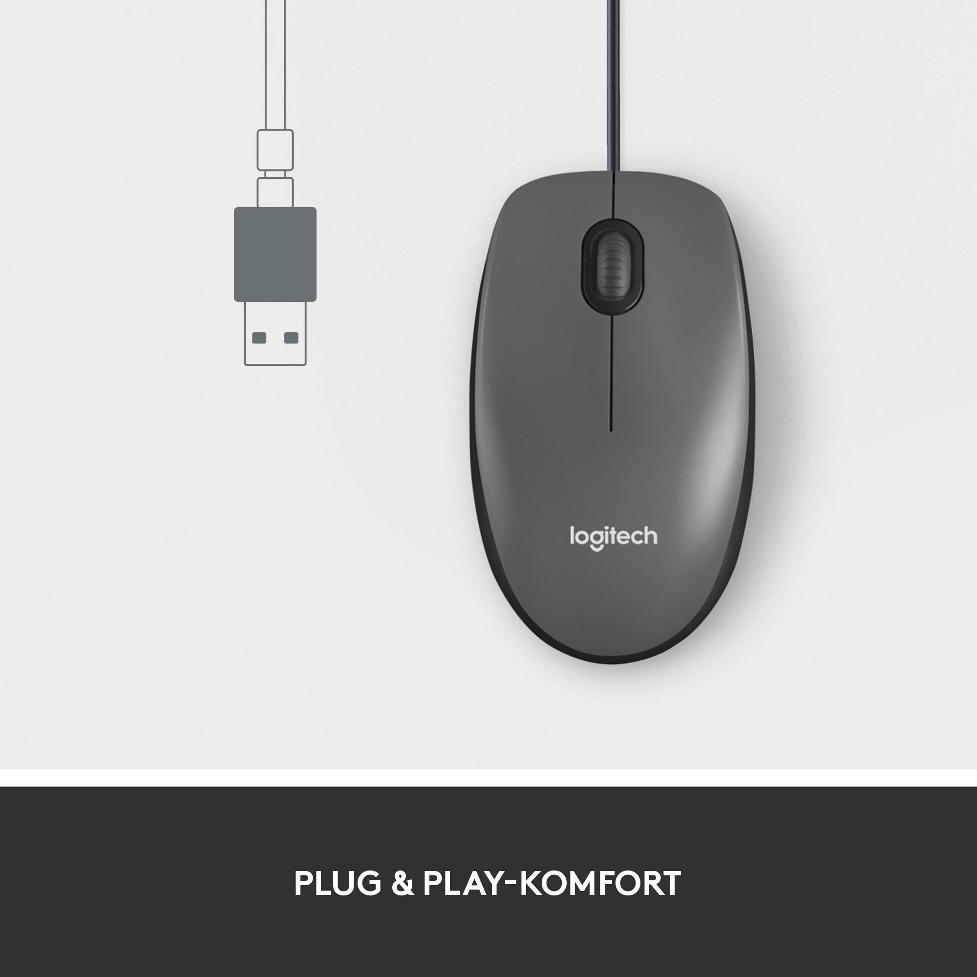 Eine graue Logitech-Maus mit USB-Kabel und der Text 'Plug & Play-Komfort'.