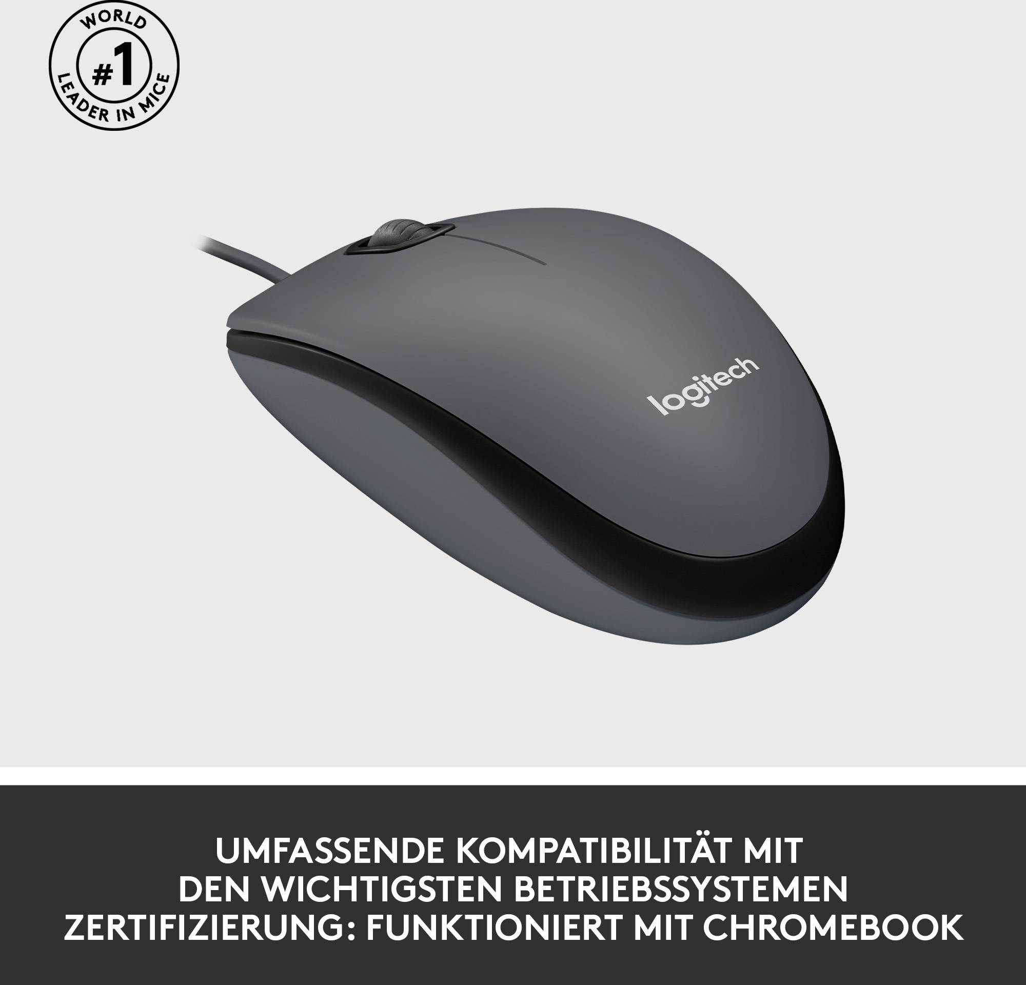 Eine schwarze Logitech-Maus mit Kabel. Text: 'Umfassende Kompatibilität mit den wichtigsten Betriebssystemen. Zertifizierung: Funktioniert mit Chromebook'.