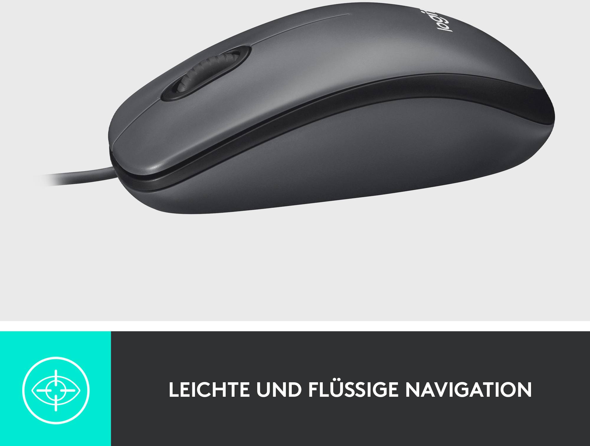 Eine schwarze Computermaus mit Kabel auf grauem Hintergrund. Darunter steht: 'Leichte und flüssige Navigation'.