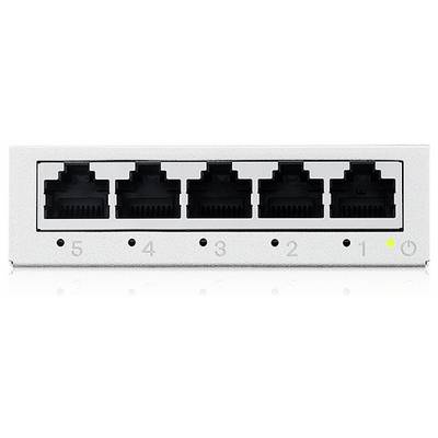'Ein Netzwerk-Switch mit fünf Ethernet-Ports, nummeriert von 1 bis 5, und einer kleinen Leuchtanzeige neben Port 1.'