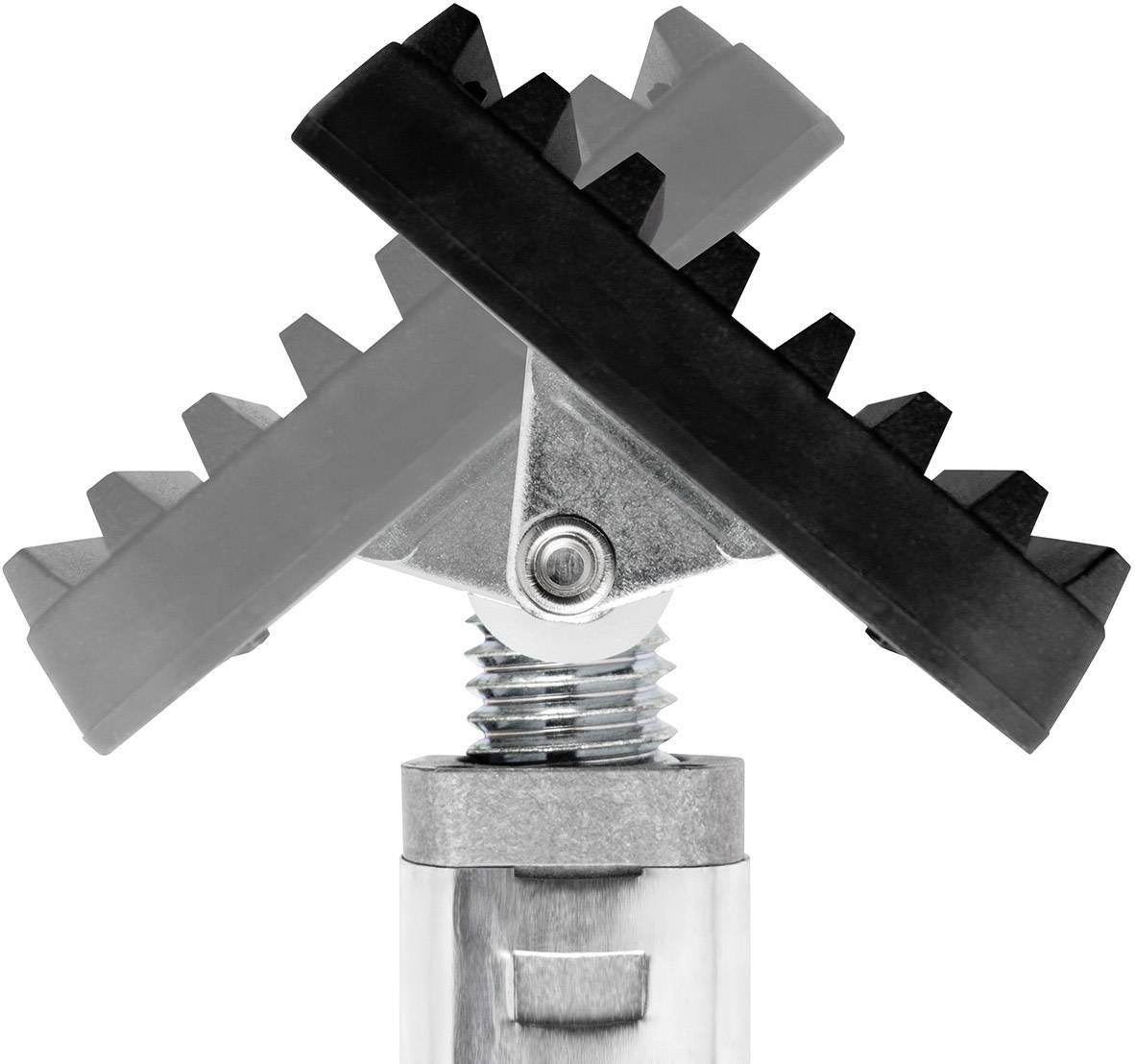 Ein verstellbarer Schraubstock mit gezahntem Gummioberteil, das sich um einen Scharnierpunkt dreht, wird auf einem Metallrohr gezeigt.