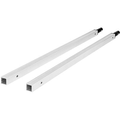 Zwei lange, silberne, rechteckige Metallstangen mit schwarzen Endkappen, nebeneinander liegend.