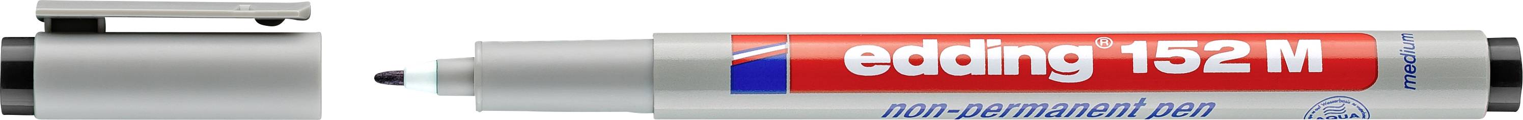 Nahaufnahme eines silbernen Edding 152 M Nicht-Permanent-Stifts mit abgenommener Kappe, die die schwarze Spitze und das rot-blaue Etikett zeigt.